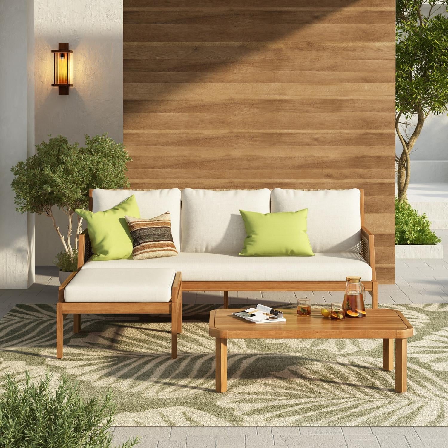 3-Piece Patio Furniture Set with Acacia Wood and Wicker, Outdoor Sectional Sofa and Coffee Table with Soft Cushions for Garden Backyard, 4-Seat, Teak and Cream