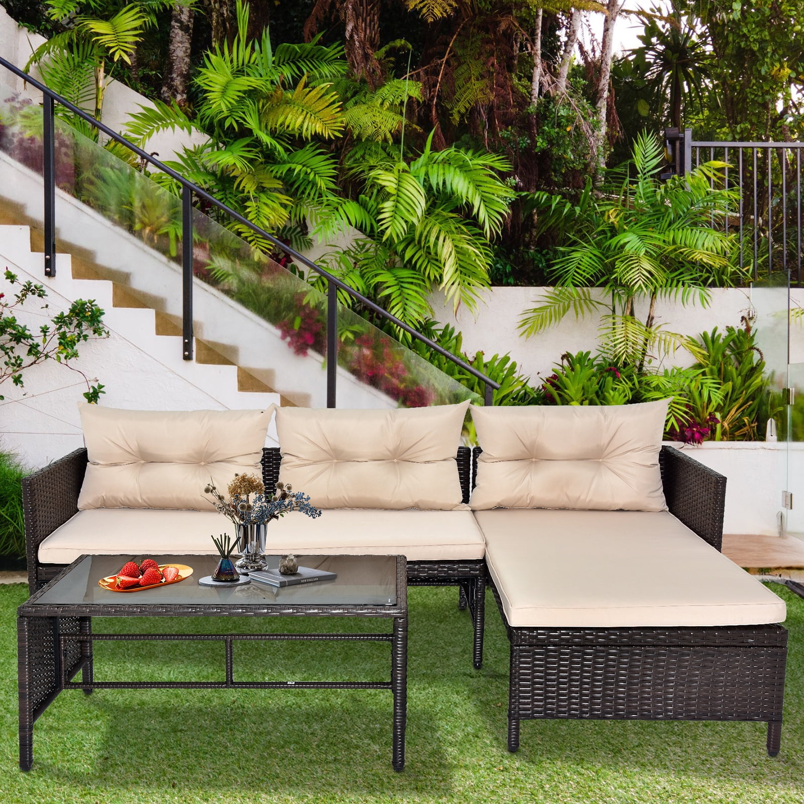 Costway 3 pcs cushioned outdoor wicker patio set garden lawn sofa seat hotsell