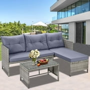 3 Piece Patio Furniture Set, All-Weather Outdoor Sectional Sofa Set, PE Rattan Conversation Set with Table & Cushions, Wicker Furniture Couch Set for Patio Deck Garden Poolside Yard
