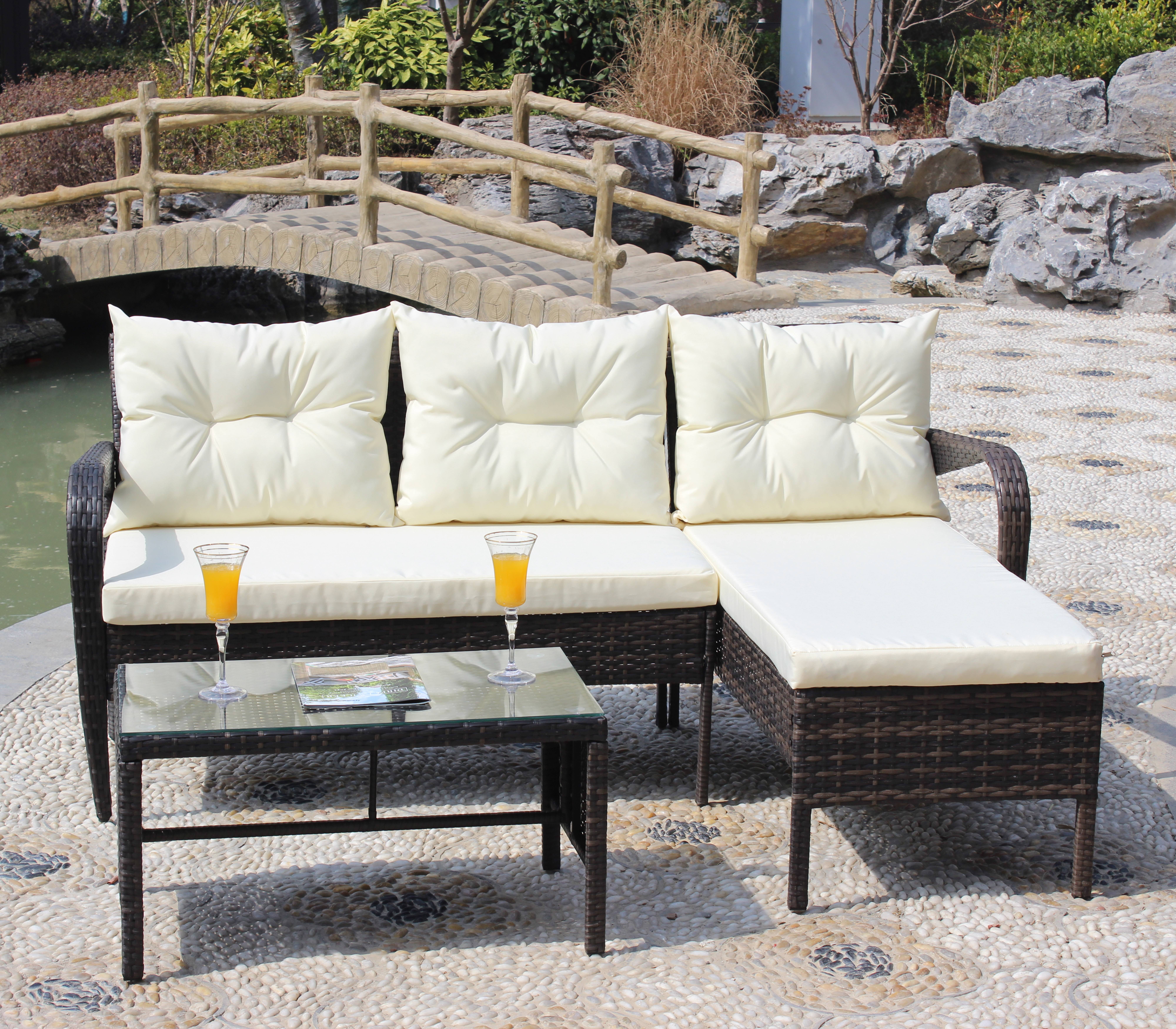 3 Piece Patio Furniture Set, All-Weather Outdoor Sectional Sofa Set, PE Rattan Conversation Set with Table & Cushions, Wicker Furniture Couch Set for Patio Deck Garden Poolside Yard