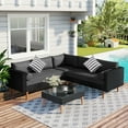 thumbnail image 1 of 4-Piece Outdoor Wicker Sofa Set, Patio Furniture L-Shape Sectional with Colorful Pillows, Gray Cushions and Black Rattan, Weather-Resistant for Backyard Pool Garden, Seats 4-5 People, 1 of 9