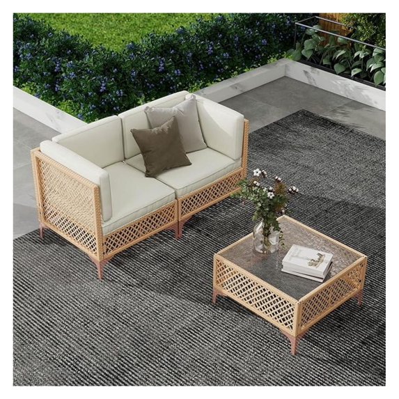 3-Piece Patio Furniture Set, Boho Outdoor Sectional, Wicker Sofa with Glass Table, Deep Seating, Cushions & Backrests
