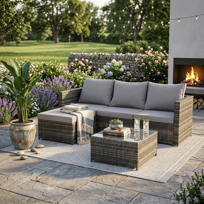 3-Piece Patio Furniture Set with Coffee Table, Outdoor L-Shaped Sectional Sofa Set with Ottoman, Wicker Outdoor Conversation Set for Backyard Poolside