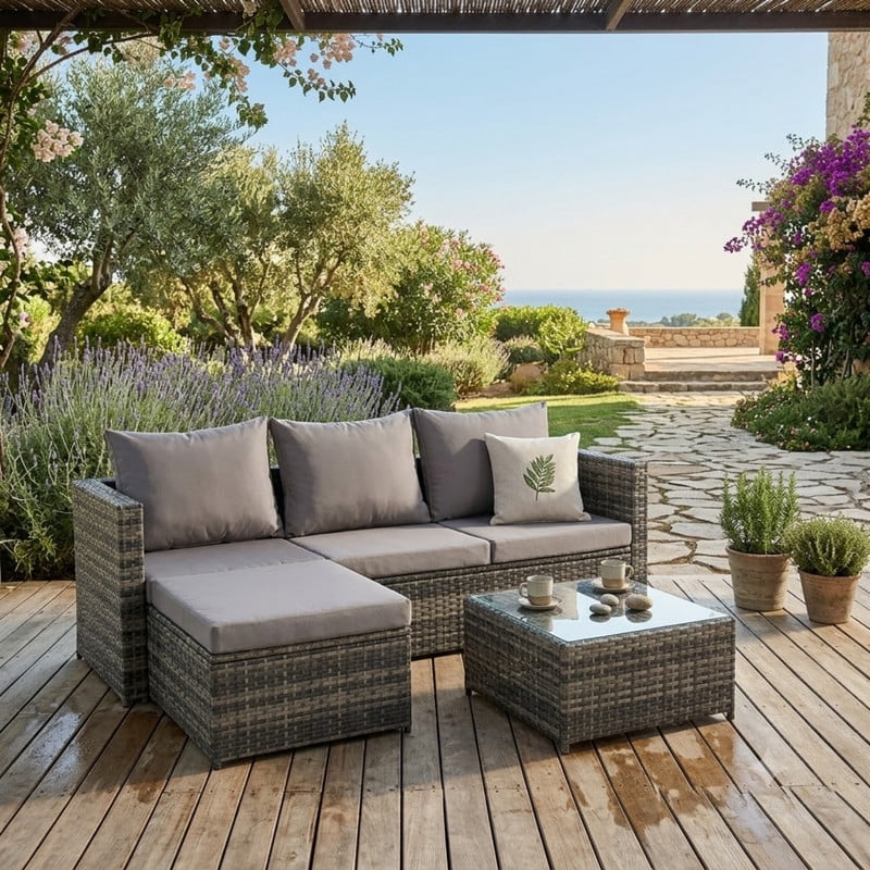 3-Piece Patio Furniture Set with Coffee Table, Outdoor L-Shaped Sectional Sofa Set with Ottoman, Wicker Outdoor Conversation Set for Backyard Poolside