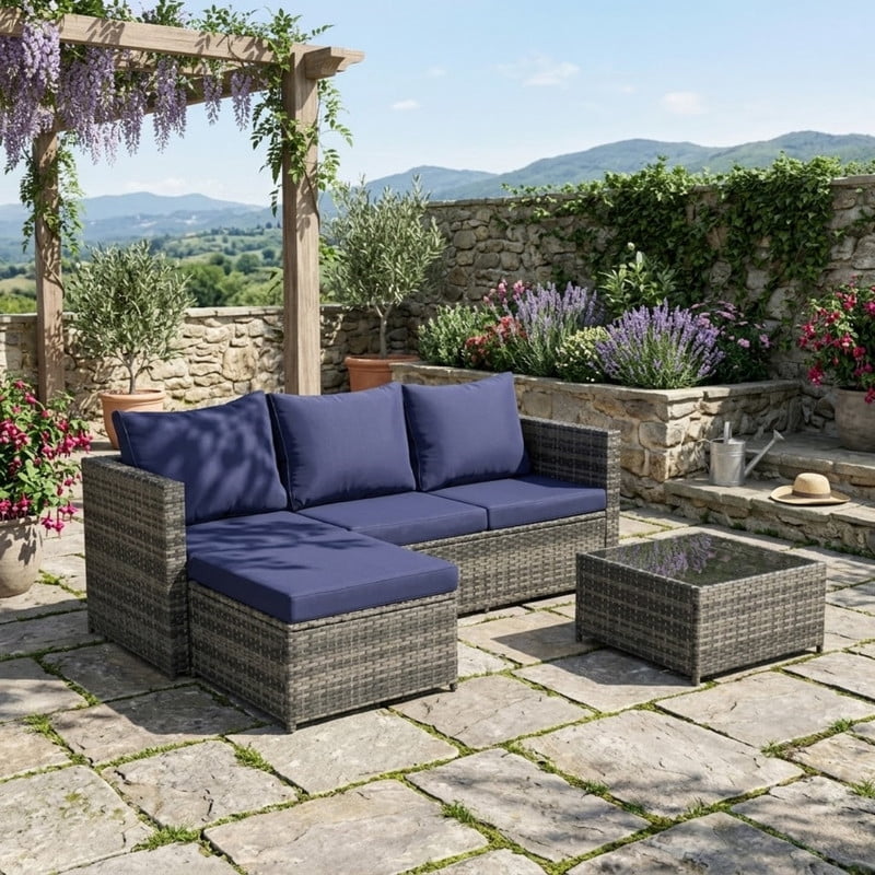 3-Piece Patio Furniture Set with Coffee Table, Outdoor L-Shaped Sectional Sofa Set with Ottoman, Wicker Outdoor Conversation Set for Backyard Poolside