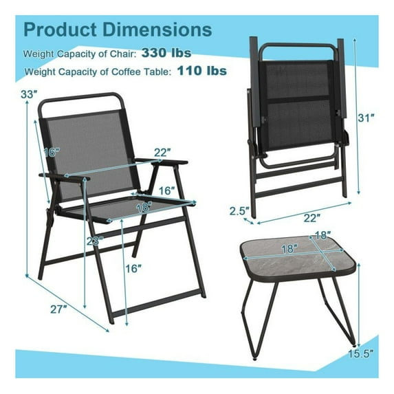3-Piece Patio Furniture Set Folding Bistro Set, Outdoor Conversation Chairs & Table, Space Saving Metal Frame for Backyard, Garden, Poolside