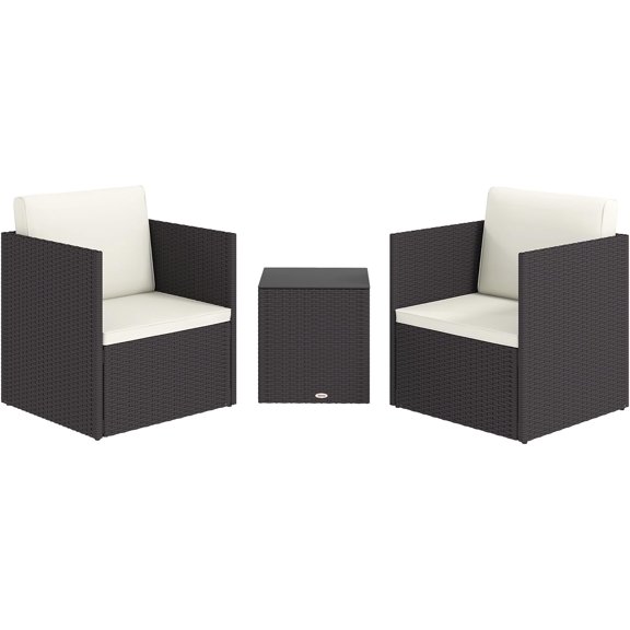 3 Piece Patio Furniture Set, Folding Outdoor Wicker Bistro Set with Washable Cushions, Adjustable Feet, and Glass Coffee Table, Easy Assembly for Garden, Balcony, Poolside, Backyard, Brown