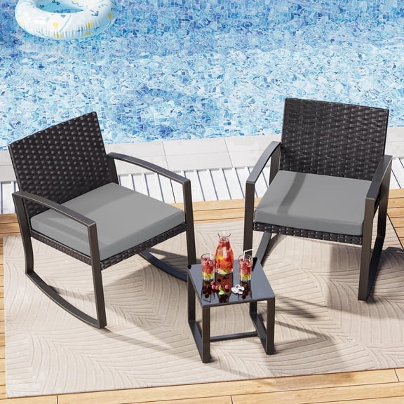 3 Piece Patio Furniture Set, Noelse All-Weather Outdoor Wicker Set with 2 Rocking Chairs & Glass Coffee Table, Gray