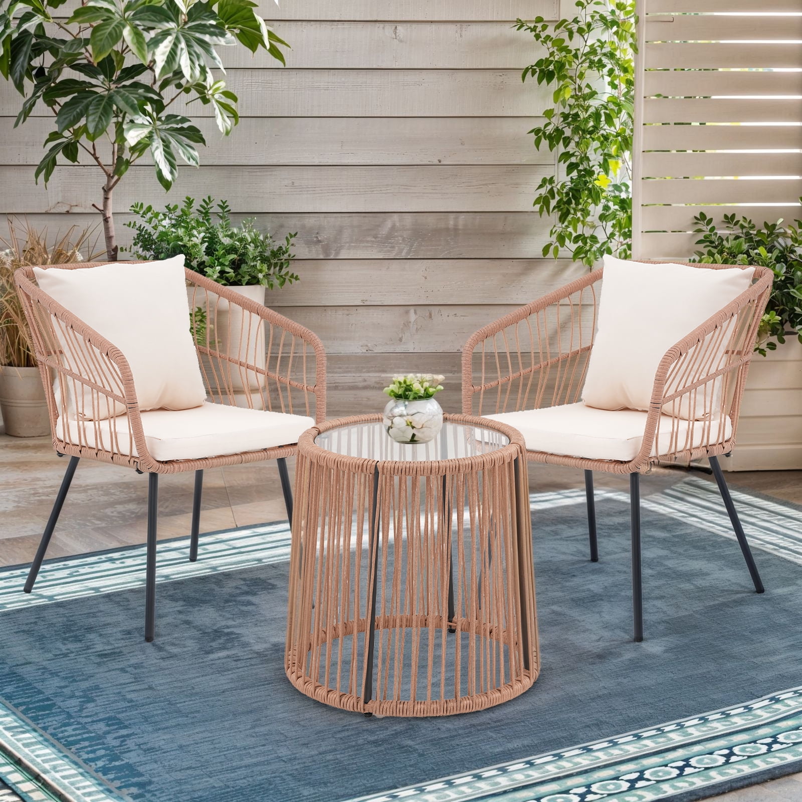 3 Piece Patio Furniture Set, Outdoor All-Weather PE Rattan Bistro Set ...