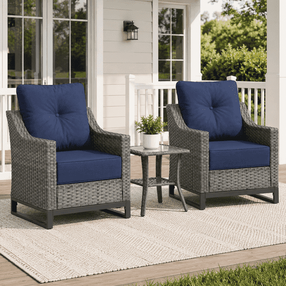 BelvaraHome 3-Piece PE Wicker Outdoor Patio Chair Set with 2 Armchairs & Side Table, 6-inch Olefin Cushions, Grey/Blue