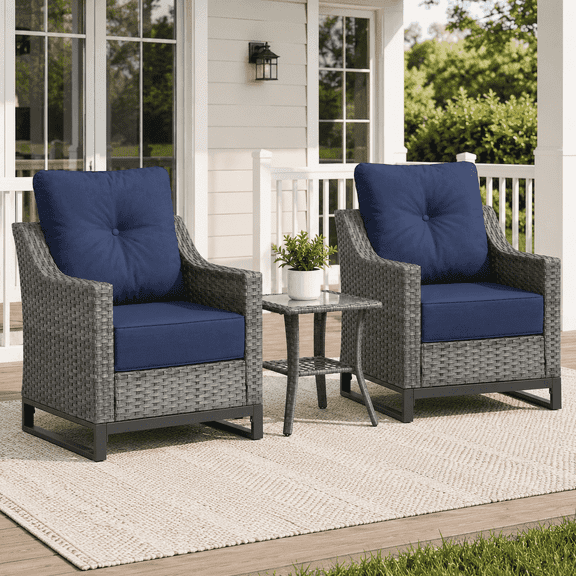 3 Piece Patio Furniture Set, Outdoor Conversation Set with 2 Wicker Armchairs and Side Table, PE Rattan Patio Chairs with 6 Inch Olefin Cushions for Porch, Balcony, Backyard, Deck, Grey/Blue