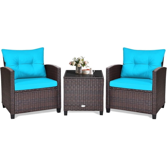 3 Piece Patio Furniture Set, Outdoor Conversation Set with Washable Cushions & Tempered Glass Tabletop, PE Rattan Wicker Bistro Set for Porch, Garden, Balcony (Turquoise)