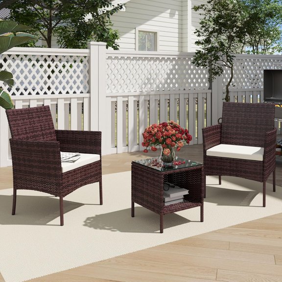 3 Piece Patio Furniture Set - Outdoor Conversation Sets with Coffee Table, Rattan Chair Set for Garden/Poolside, Brown/Beige