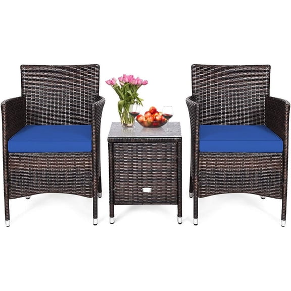 3 Piece Patio Furniture Set Outdoor Rattan Wicker Conversation Set with Coffee Table Chairs & Thick Cushions Bistro Sets for Patio Garden Lawn Backyard Pool