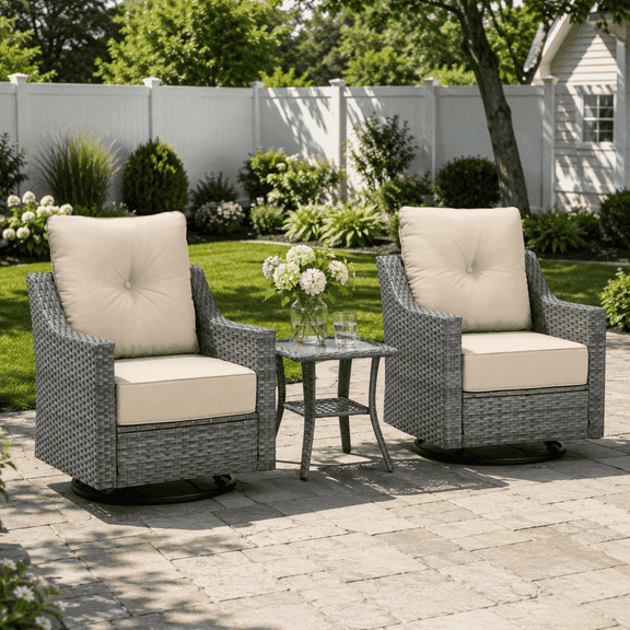 BelvaraHome 3-Piece PE Wicker Swivel Rocker Chair Set with Side Table, 6-inch Olefin Cushions, Gray/Beige
