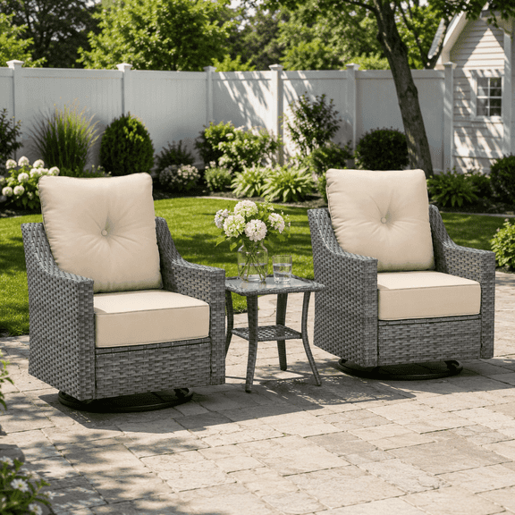 BelvaraHome 3-Piece PE Wicker Swivel Rocker Chair Set with Side Table, 6-inch Olefin Cushions, Gray/Beige