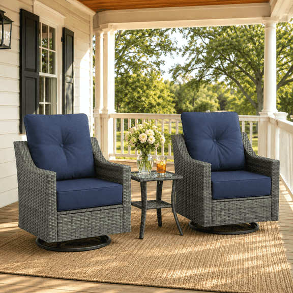 BelvaraHome 3-Piece High Back PE Wicker Outdoor Swivel Rocker Chair Set with Side Table, 6-inch Olefin Cushions, Gray/Navy Blue