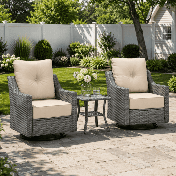 3-Piece High-Back PE Wicker Patio Swivel Rocker Chair Set with Side Table and 6 in Olefin Cushions, Gray/Beige