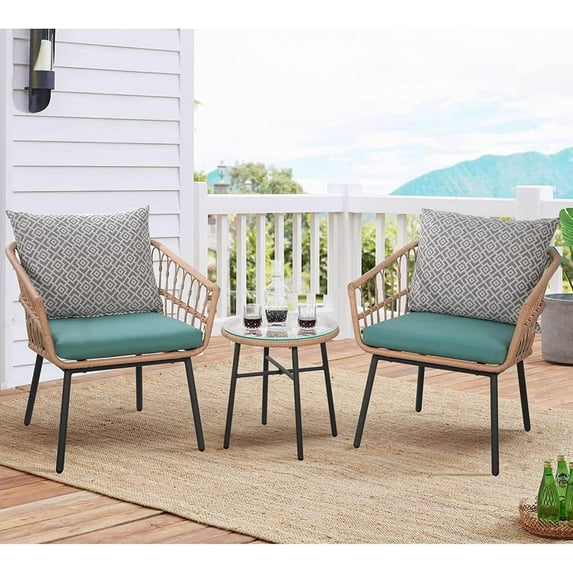 3 Piece Patio Furniture Set, Outdoor Wicker Bistro Conversation Set with Cushions and Glass Top Coffee Table for Porch, Balcony, Backyard, Poolside