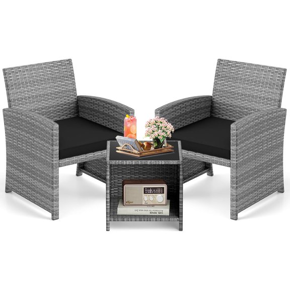 3 Piece Patio Furniture Set, Outdoor Wicker Patio Chairs with Cushions & Storage Table, PE Rattan Bistro Set for Porch, Backyard, Balcony (Black)