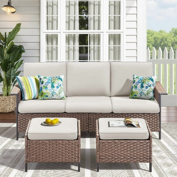 3-Piece Patio Furniture Set Outdoor Wicker Rattan Sectional Conversation Sofa with 2 Ottomans, Beige Cushions