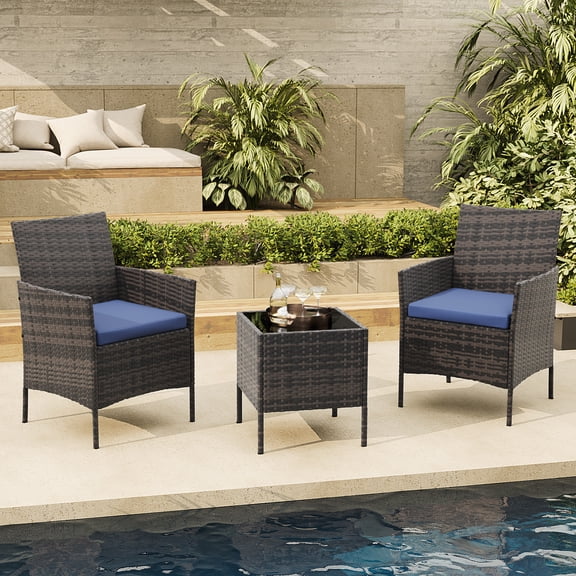3-Piece Patio Furniture Set PE Rattan Wicker Outdoor Chairs with Cushions Glass Coffee Table Steel Frame for Garden Deck Porch