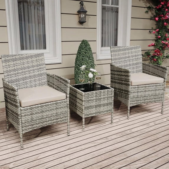 3-Piece Patio Furniture Set PE Rattan Wicker Outdoor Chairs with Cushions Glass Coffee Table Steel Frame for Garden Deck Porch