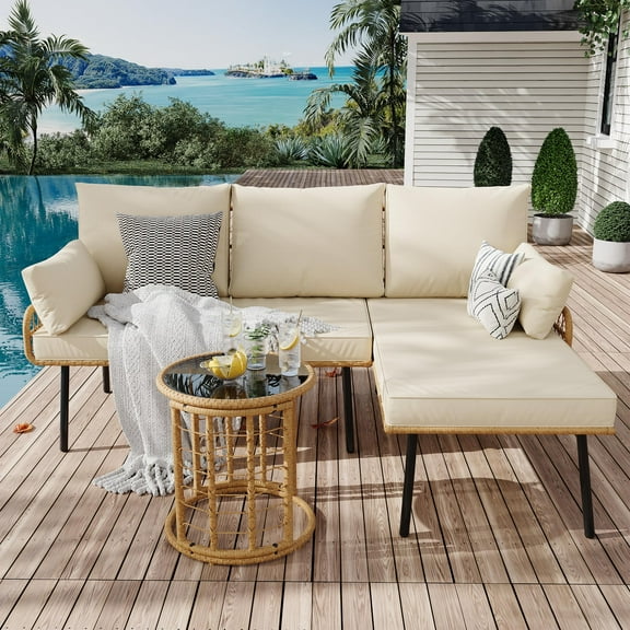 3-Piece Patio Furniture Set, PE Rattan Wicker Outdoor Sectional Couch with Detachable Chaise Lounge, Washable Cushions & Round Coffee Table for Backyard, Porch, Deck