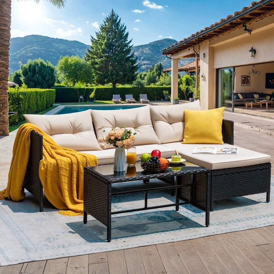 Homall Outdoor Rattan Woven L-Shaped Sofa with Coffee Table
