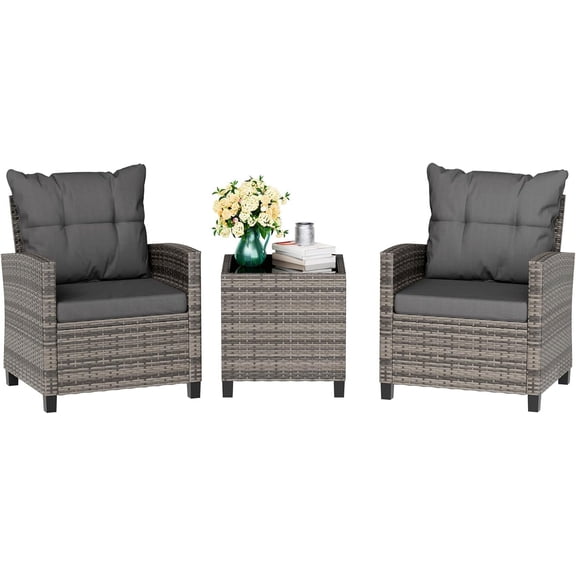 3 Piece Patio Furniture Set Small Outdoor Wicker Rattan Front Porch Bistro Set Cushioned Patio Chairs Conversation Set with Glass Table for Lawn, Garden, Backyard, Balcony, Poolside (Gray)