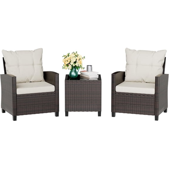 3 Piece Patio Furniture Set Small Outdoor Wicker Rattan Front Porch Bistro Set Cushioned Patio Chairs Conversation Set with Glass Table for Lawn, Garden, Backyard, Balcony, Poolside (Beige)