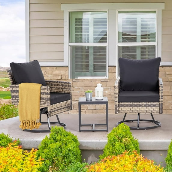 3-Piece Patio Furniture Set, Swivel Patio Chairs Set of 2, Outdoor Wicker Apartment Seating Chairs with Coffee Table for Porch, Balcony, Garden, Brown/Black