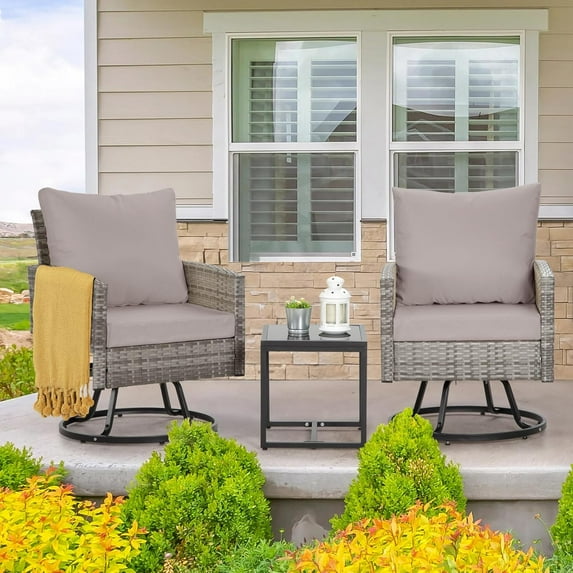 3-Piece Patio Furniture Set, Swivel Patio Chairs Set of 2, Outdoor Wicker Apartment Seating Chairs with Coffee Table for Porch, Balcony, Garden, Grey/Grey