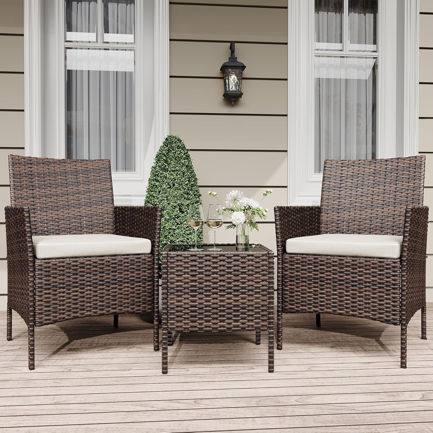 3 Piece Patio Furniture Set, Wicker Rattan Patio Parlor Set, 2 Chairs ...