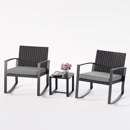 Noelse 3 Piece Patio Furniture Set, Wicker Rocking Chair Set with Table and Cushions for Patio,Balcony,Porch, Gray