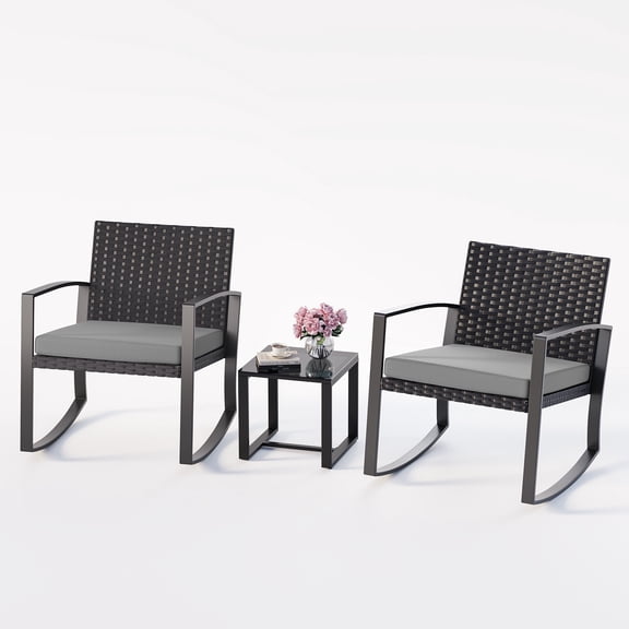 Noelse 3 Piece Patio Furniture Set, Wicker Rocking Chair Set with Table and Cushions for Patio,Balcony,Porch, Gray