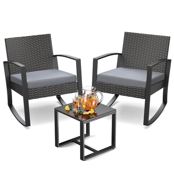 Noelse 3 Piece Patio Furniture Set, Wicker Rocking Chair Set with Table and Cushions for Patio,Balcony,Porch, Gray