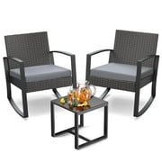 Noelse 3 Piece Patio Furniture Set, Wicker Rocking Chair Set with Table and Cushions for Patio,Balcony,Porch, Gray