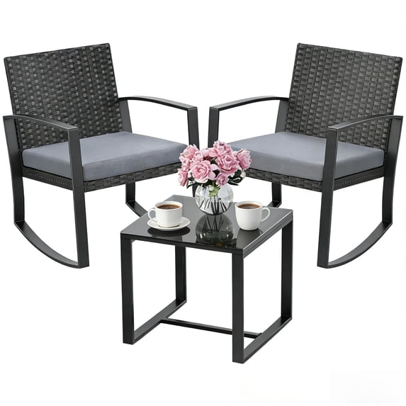 Noelse 3 Piece Wicker Rocking Chair Set, Outdoor Patio Furniture with Table and Cushions for Balcony, Gray