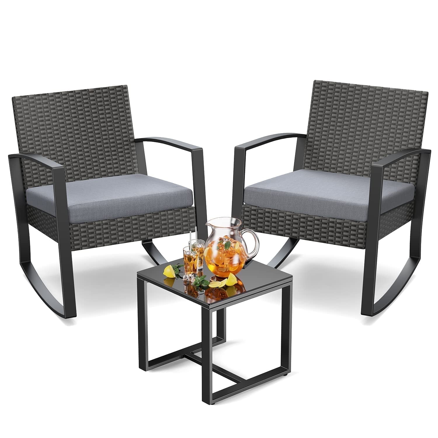 Gray Wicker 3-Piece Outdoor Rocking Chair Set with Cushions and Table
