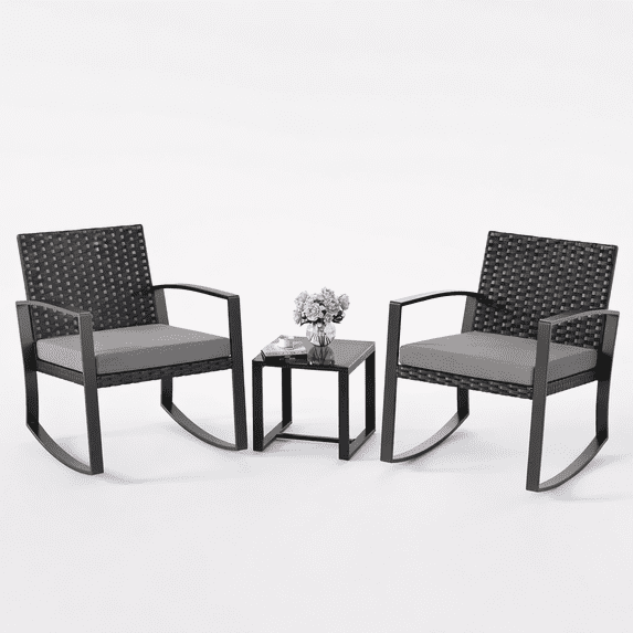 Noelse 3 Piece Patio Furniture Set, Wicker Rocking Chair Set with Table and Cushions for Patio,Balcony,Porch, Gray