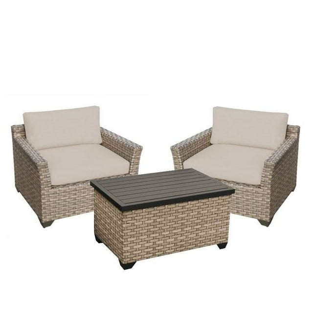 3 Piece Patio Furniture Set with Wickered Set of 2 Arm Chairs and Coffee Table in Summer Fog