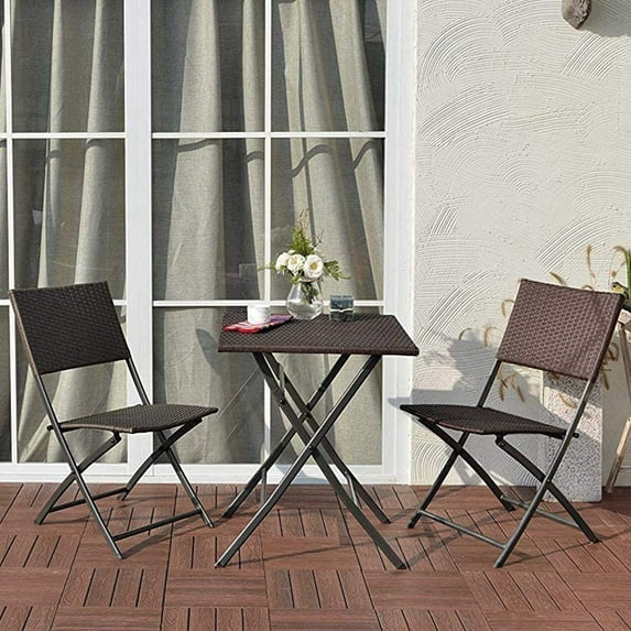3 Piece Patio Furniture Sets, Folding Bistro Wicker Set, All Weather Resistant Foldable Table and Chairs, Espresso Brown