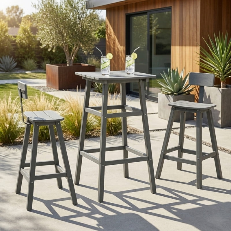 3-Piece Patio HDPE Bar Table Set, Outdoor Bristro Set, Armless Stools with Footrest & Backrest
