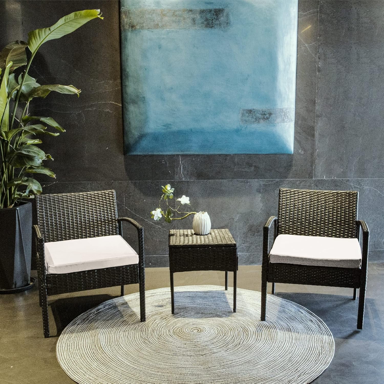 3 Piece Patio Outdoor Wicker Apartment Balcony Sets Rattan and Chairs