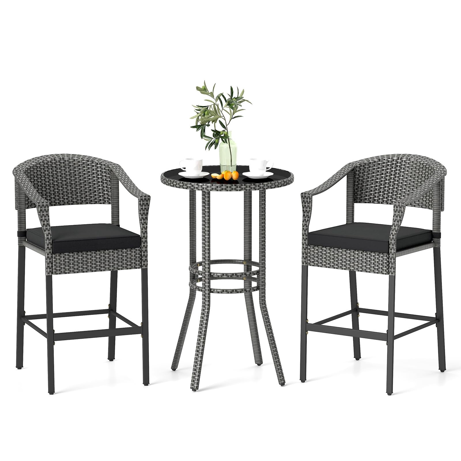 Round Rattan Bar Set 3-Piece Patio Rattan Bar Set, Wicker Bar Height Armchairs & Round Table ...