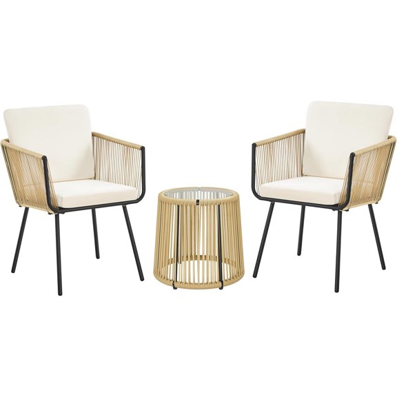 3 Piece Patio Rattan Bistro Set, Outdoor All Weather PE Wicker Conversation Furniture Set with 2 Chairs & Tempered Glass Top Table & Cushions, for Poolside/Porch/Garden/Yard, Tan/Cream