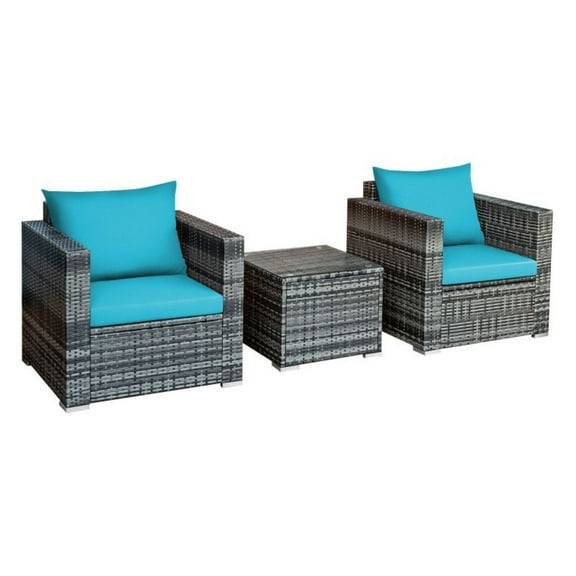 3-Piece Patio Rattan Furniture Set, Bistro Sofa Set with Cushions, Outdoor Conversation Set for Garden, Poolside, Mix Gray, 400lbs Capacity