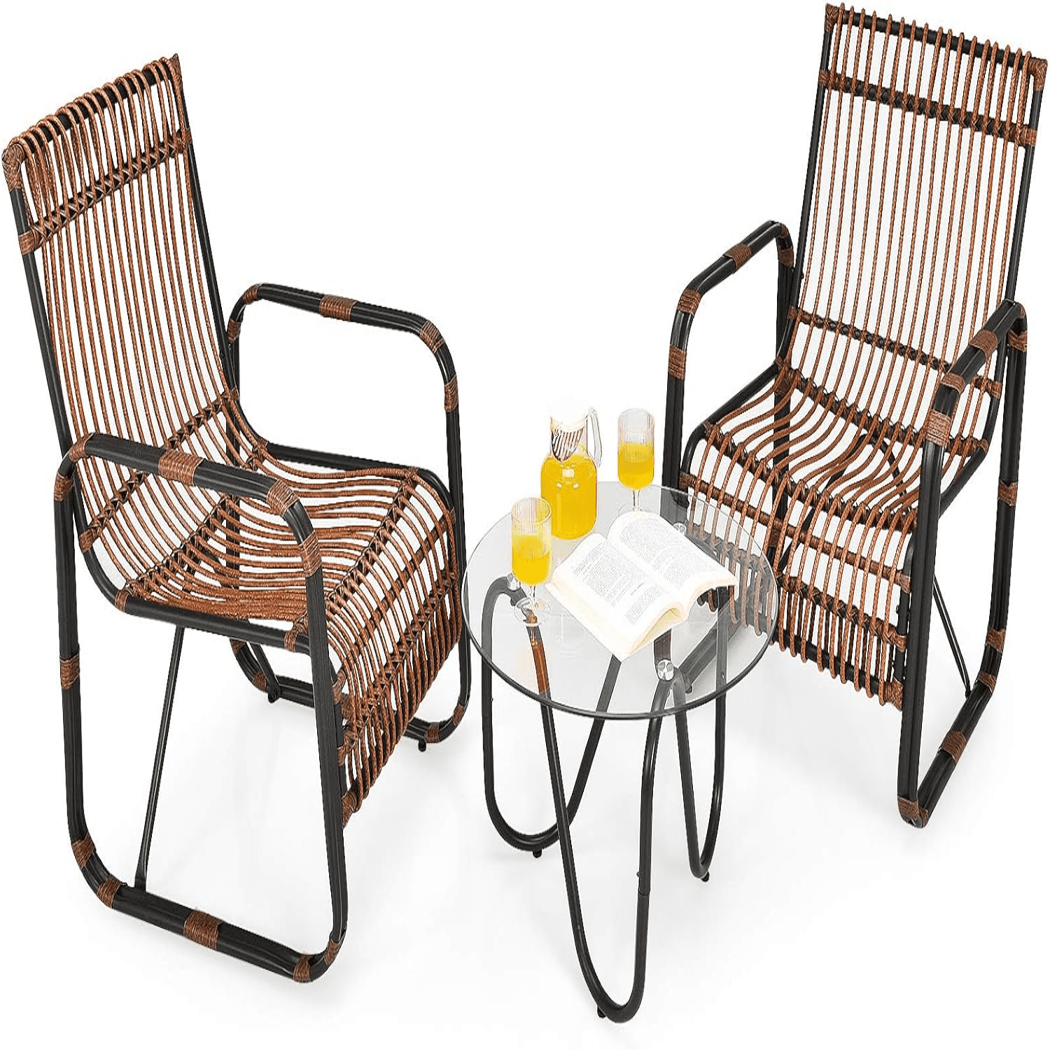 3 Piece Patio Rattan Furniture Set Includes 2 Single Wicker Chairs and