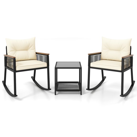 3 Piece Patio Rocking Bistro Set with 2 Rocking Chairs and 2 Tier Coffee Table, Outdoor Wicker Seating